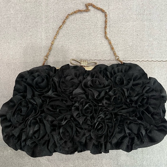 Dellise Noir Handbags - Dellise Noir Elegant Black Rose Floral Clutch Wedding Cocktail
